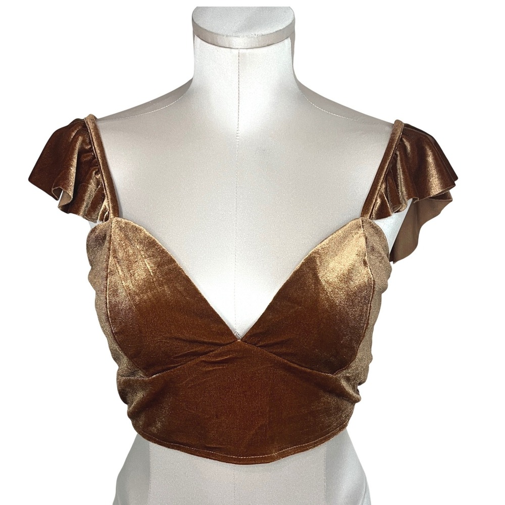 Charlotte Russe Womens Velvet‎ Ruffle Cap Sleeve V-Neck Crop Top Bronze Brown M